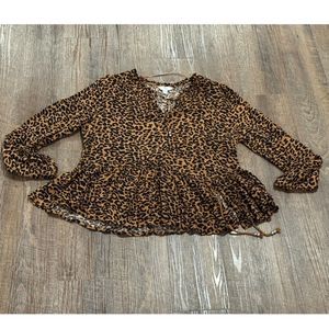 TIME AND TRU LARGE BROWN Peasant Leopard Print Boho Blouse Top L/G 12-14